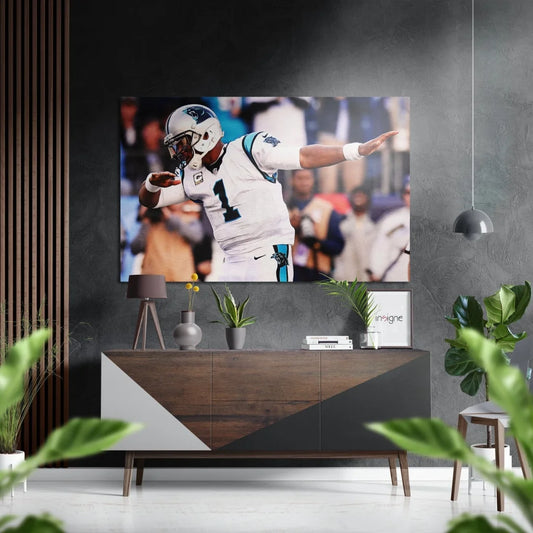Carolina Panthers player in white jersey, brushed aluminium dibond print