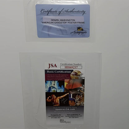 Blue and white JSA certificate for Denzel Washington American Gangster deluxe framed poster