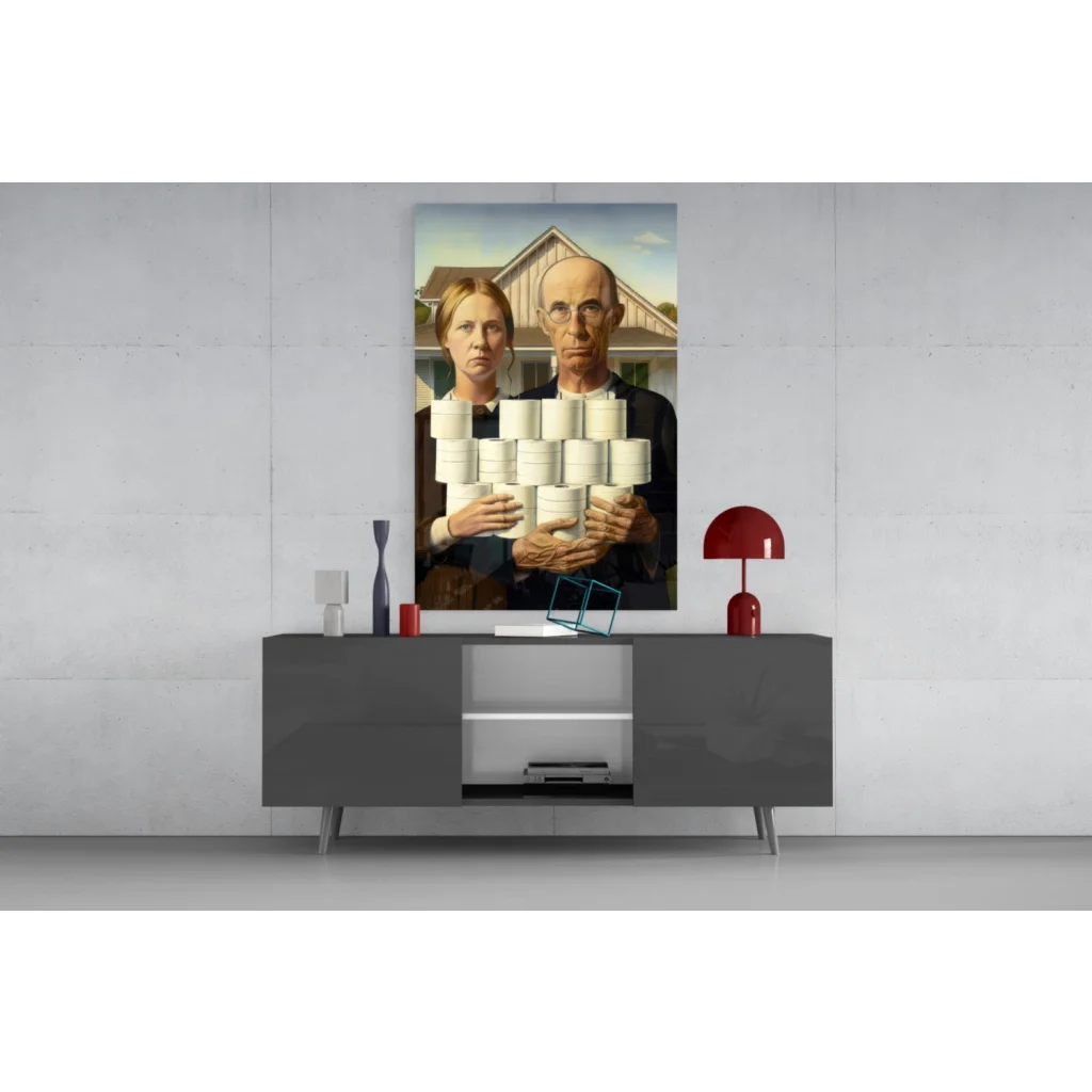 Sleek gray console table in American Gothic toilet paper wall art print