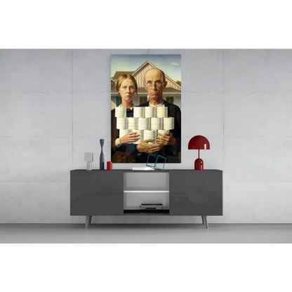 Sleek gray console table in American Gothic toilet paper wall art print