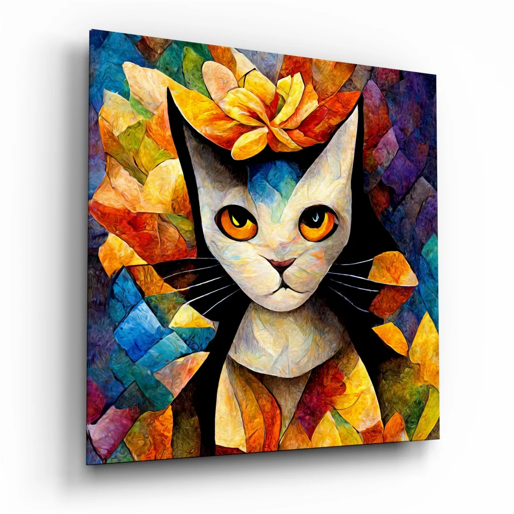Vibrant cat tempered glass art with orange eyes and yellow flower