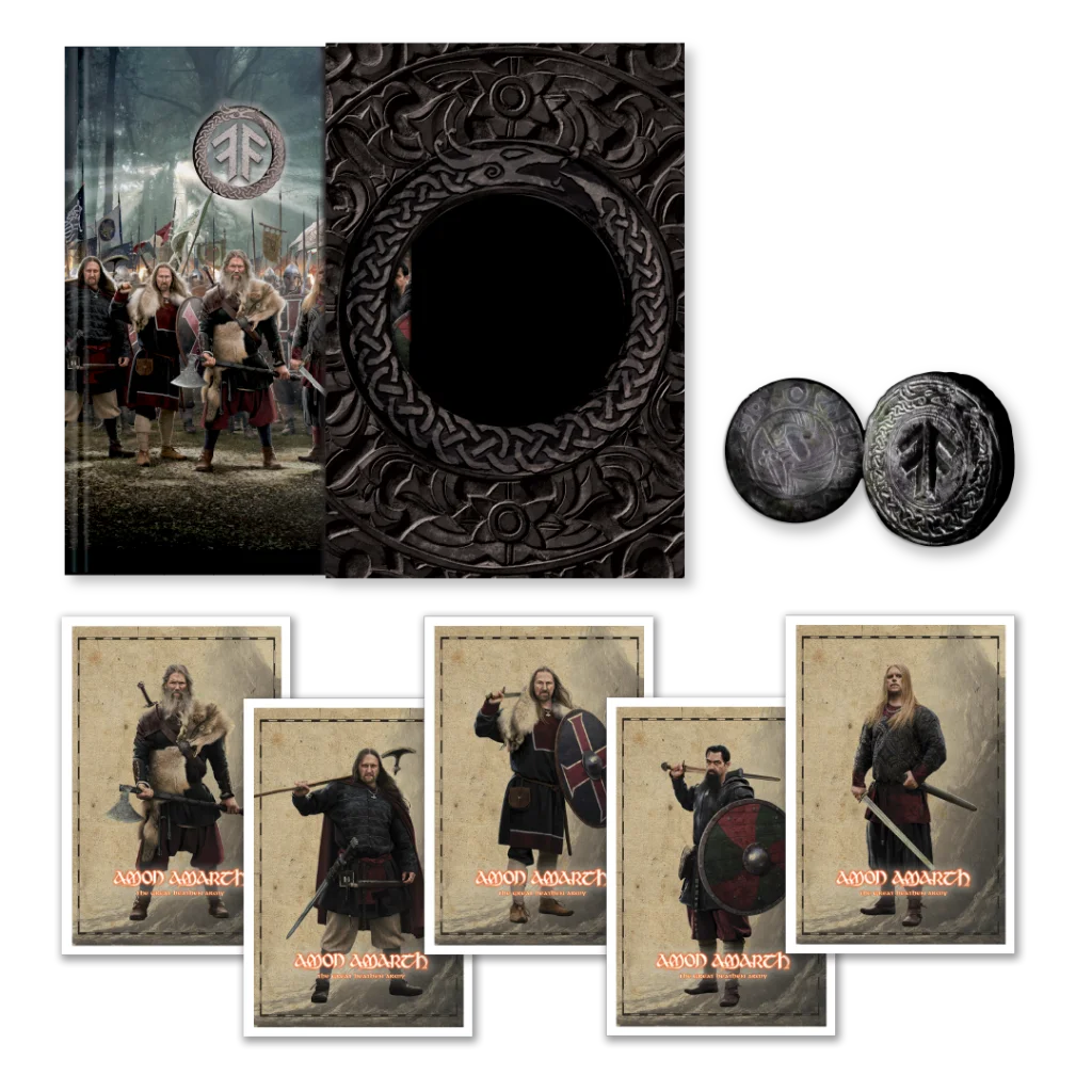 Amon Amarth Great Heathen Army merchandise set with album, wooden art, medallions, and cards