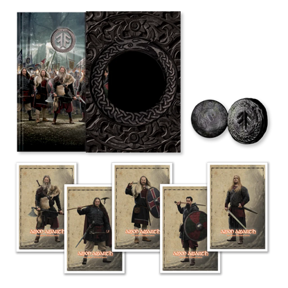 Amon Amarth Great Heathen Army merchandise set with album, wooden art, medallions, and cards