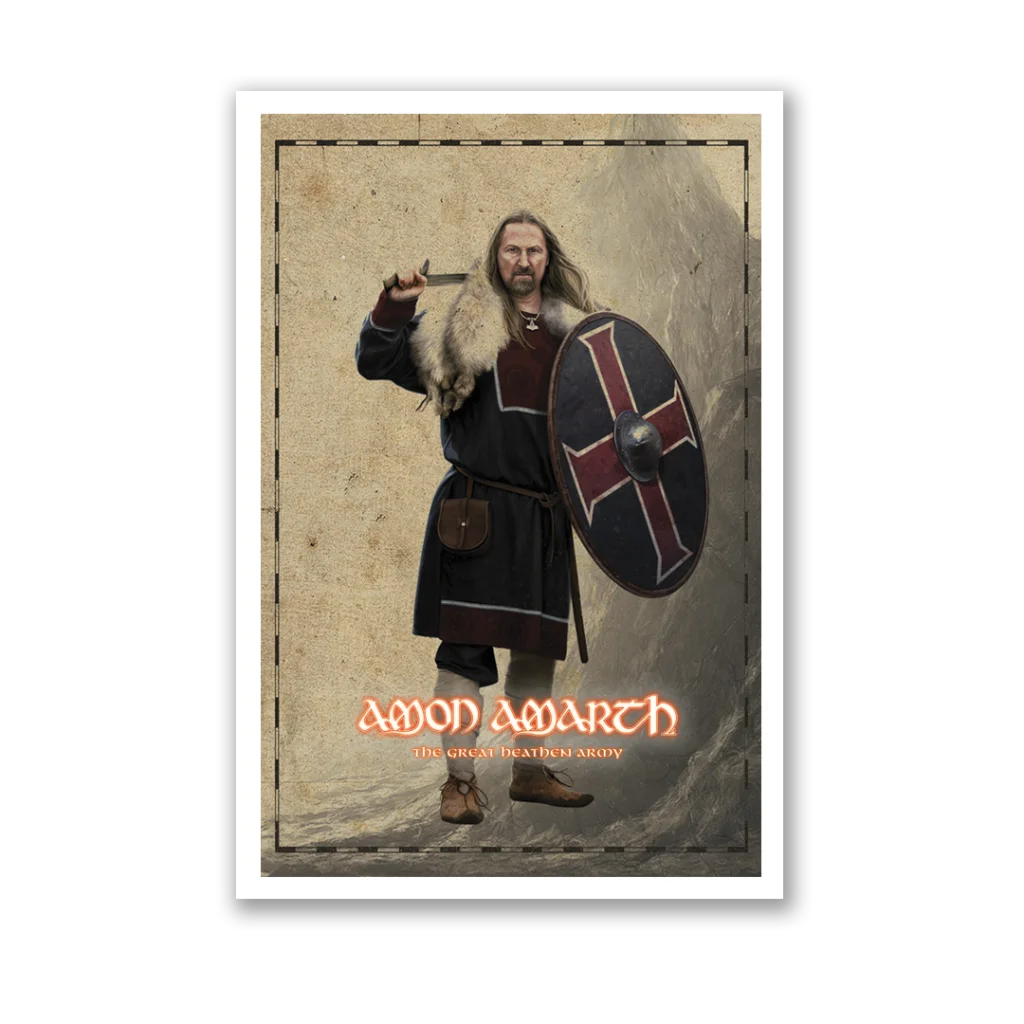 Long-haired man in Viking gear with shield and sword from Amon Amarth Great Heathen Army