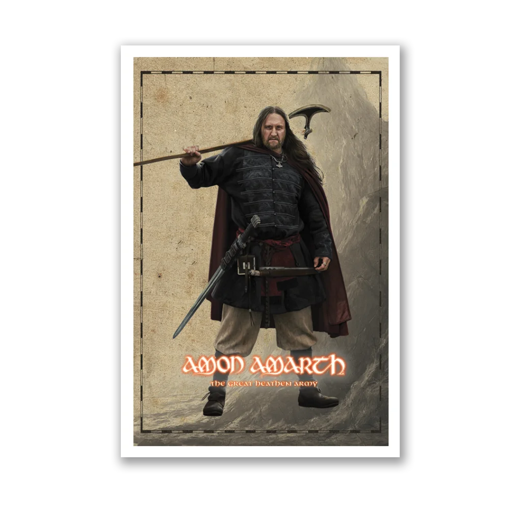 Amon Amarth Great Heathen Army poster with Viking man holding axe and sword