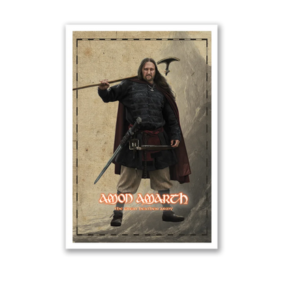Amon Amarth Great Heathen Army poster with Viking man holding axe and sword