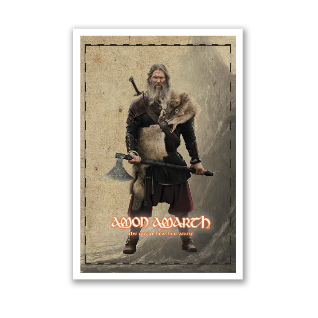 Amon Amarth Great Heathen Army poster with bearded Viking and axe by Tom Thiel
