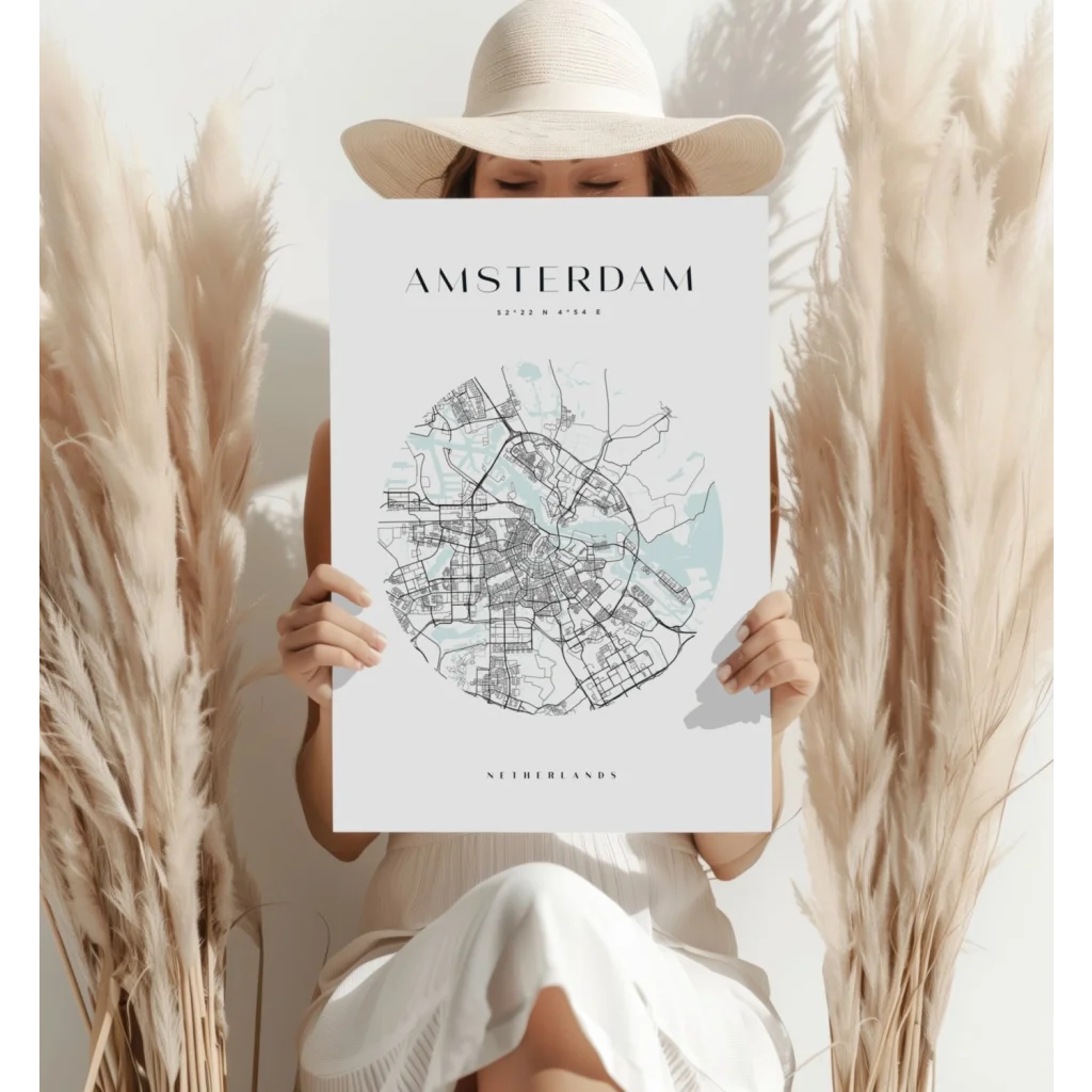 White hat on pampas grass with Amsterdam City Map teal print