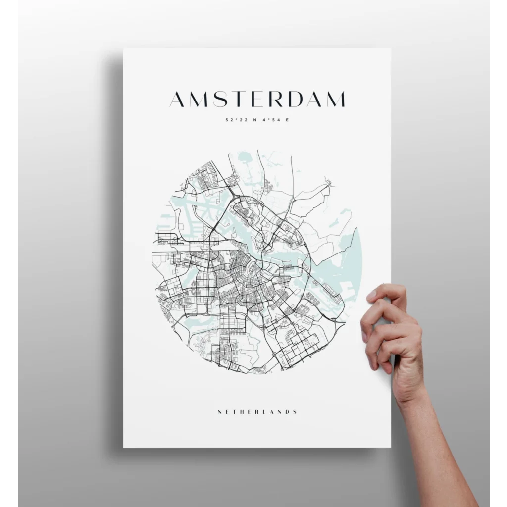 Stunning teal Amsterdam city map poster on aluminum print