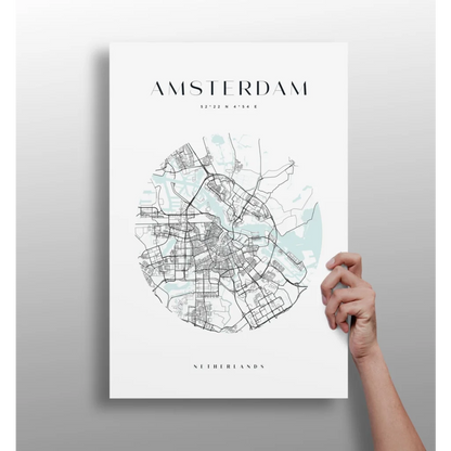 Stunning teal Amsterdam city map poster on aluminum print