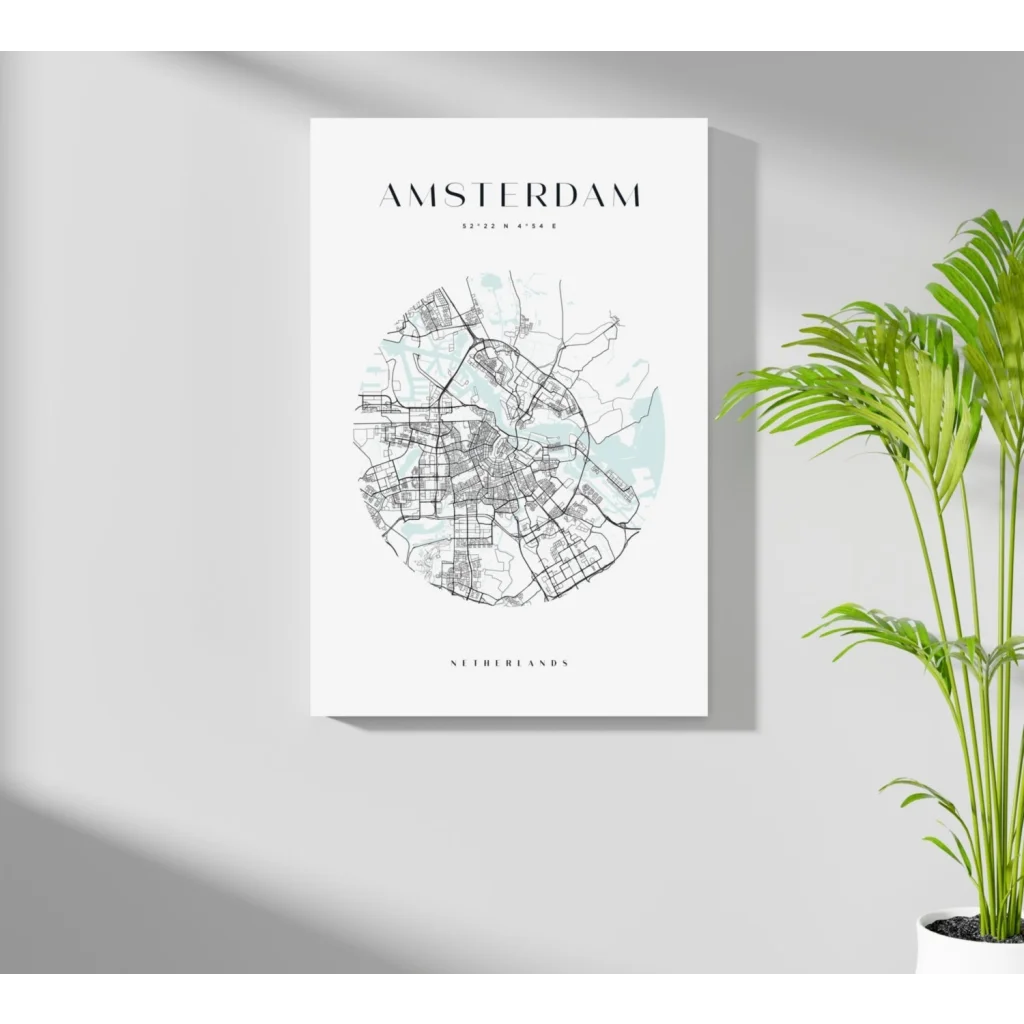 Amsterdam city map poster in teal on aluminum print