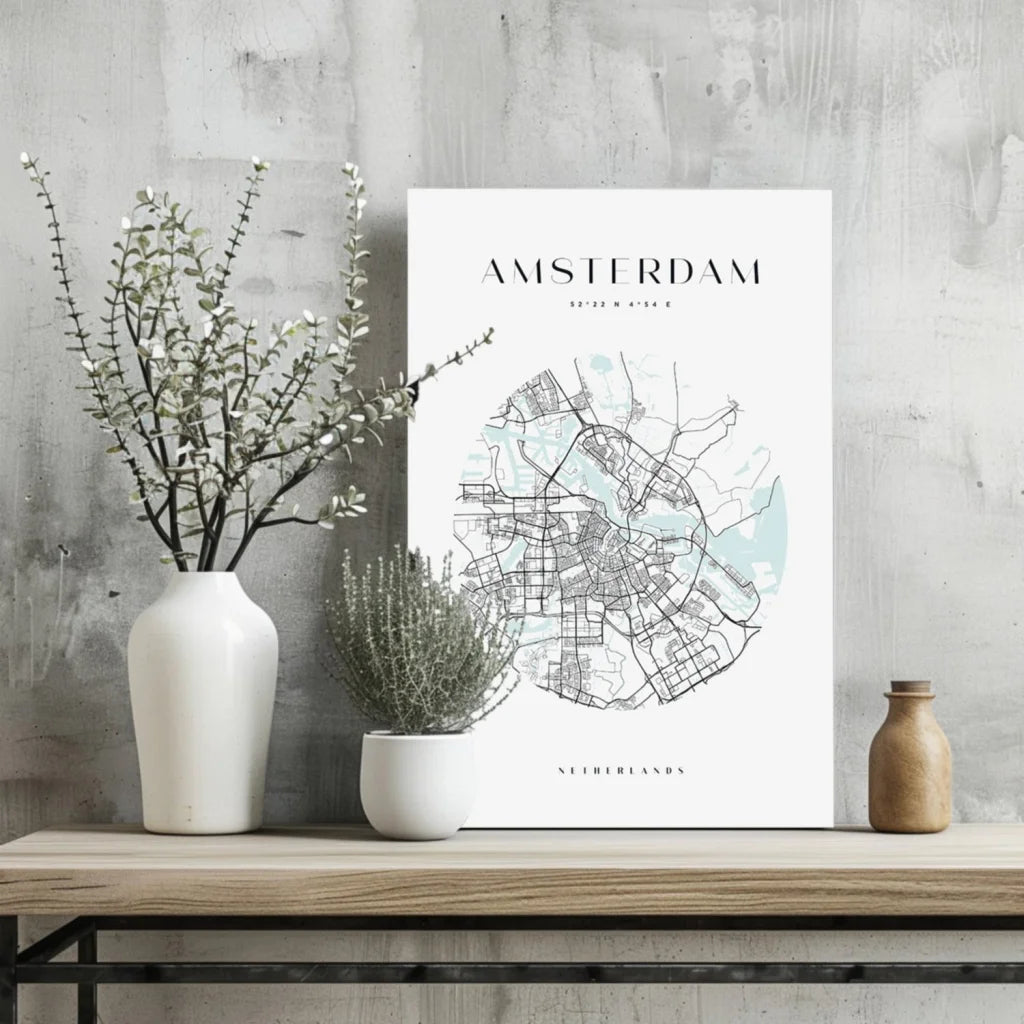 Minimalist white Amsterdam city map poster on teal aluminum print
