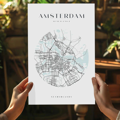 Amsterdam city map aluminum print in teal with black white watercolor circle