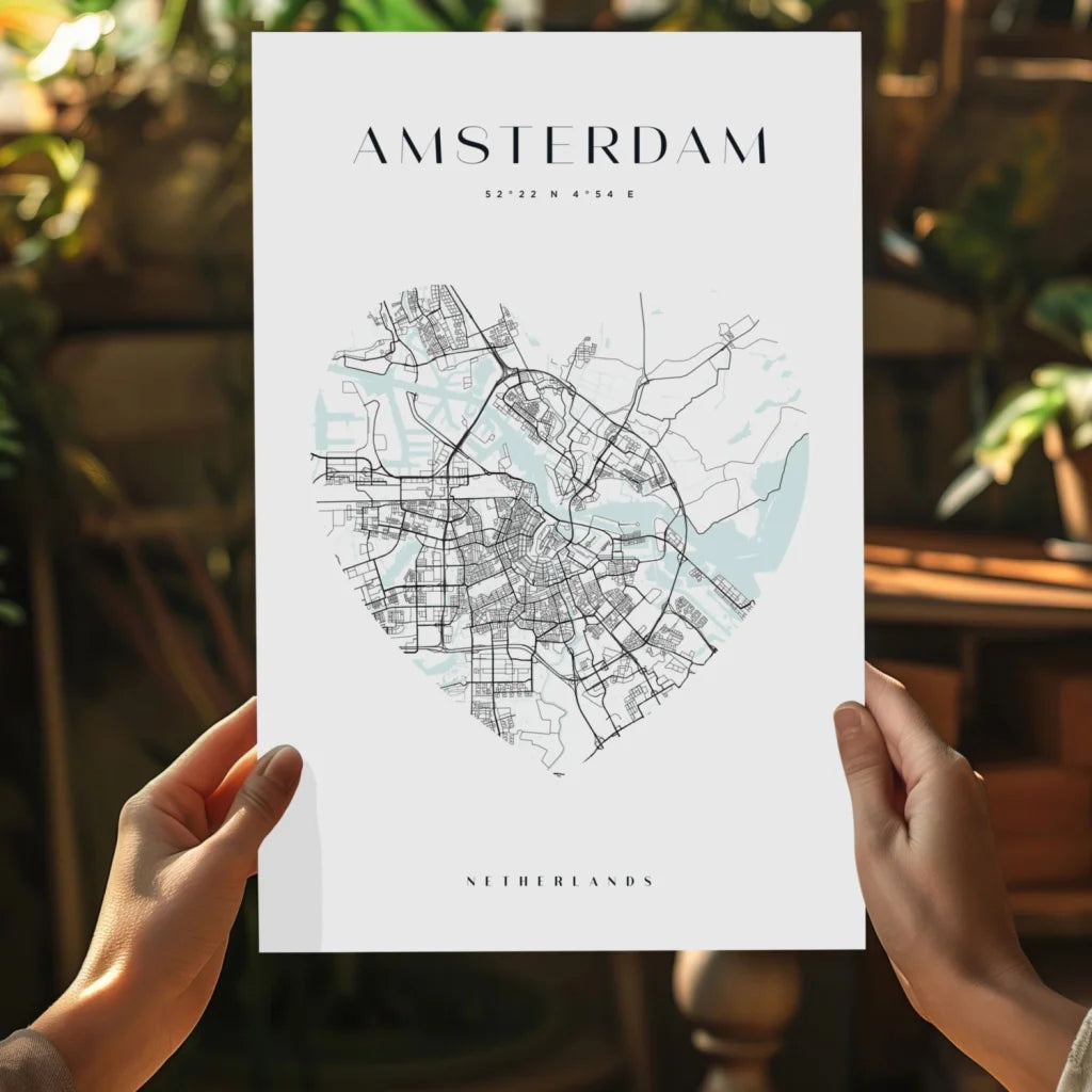 Heart-shaped Amsterdam map on insigne aluminum print