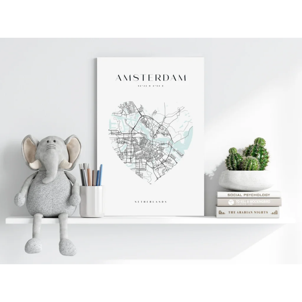 Heart shaped Amsterdam map insigne aluminum print in minimalist white