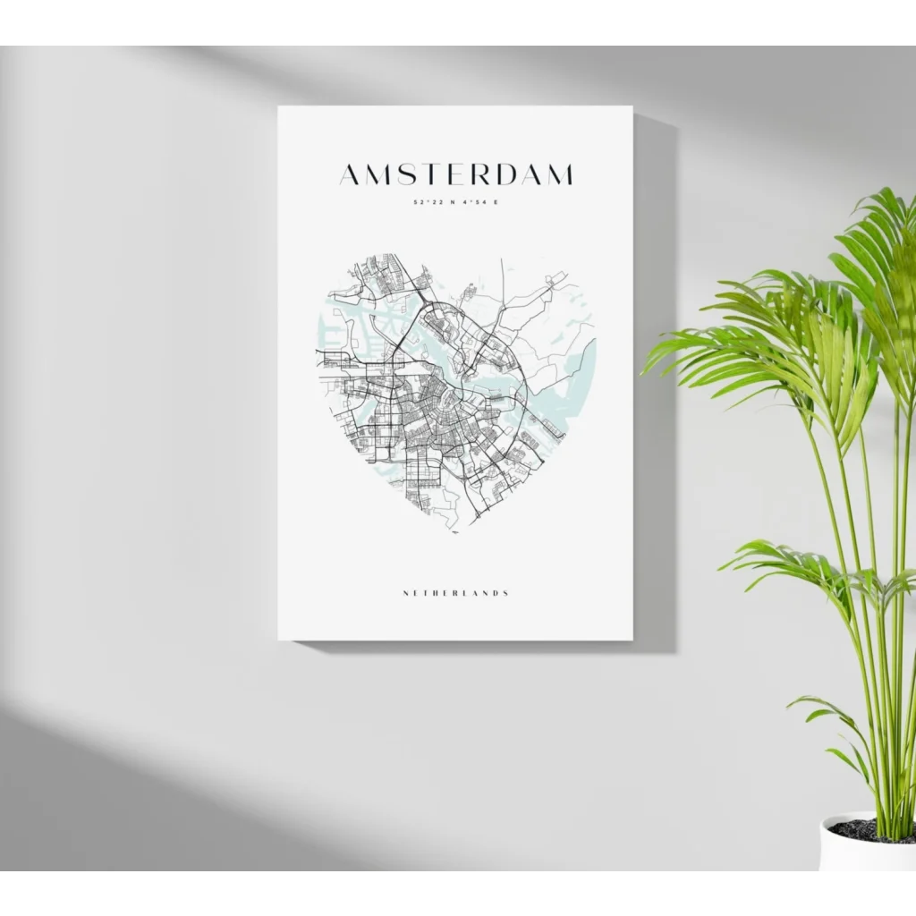 Heart shaped Amsterdam map on insigne aluminum print