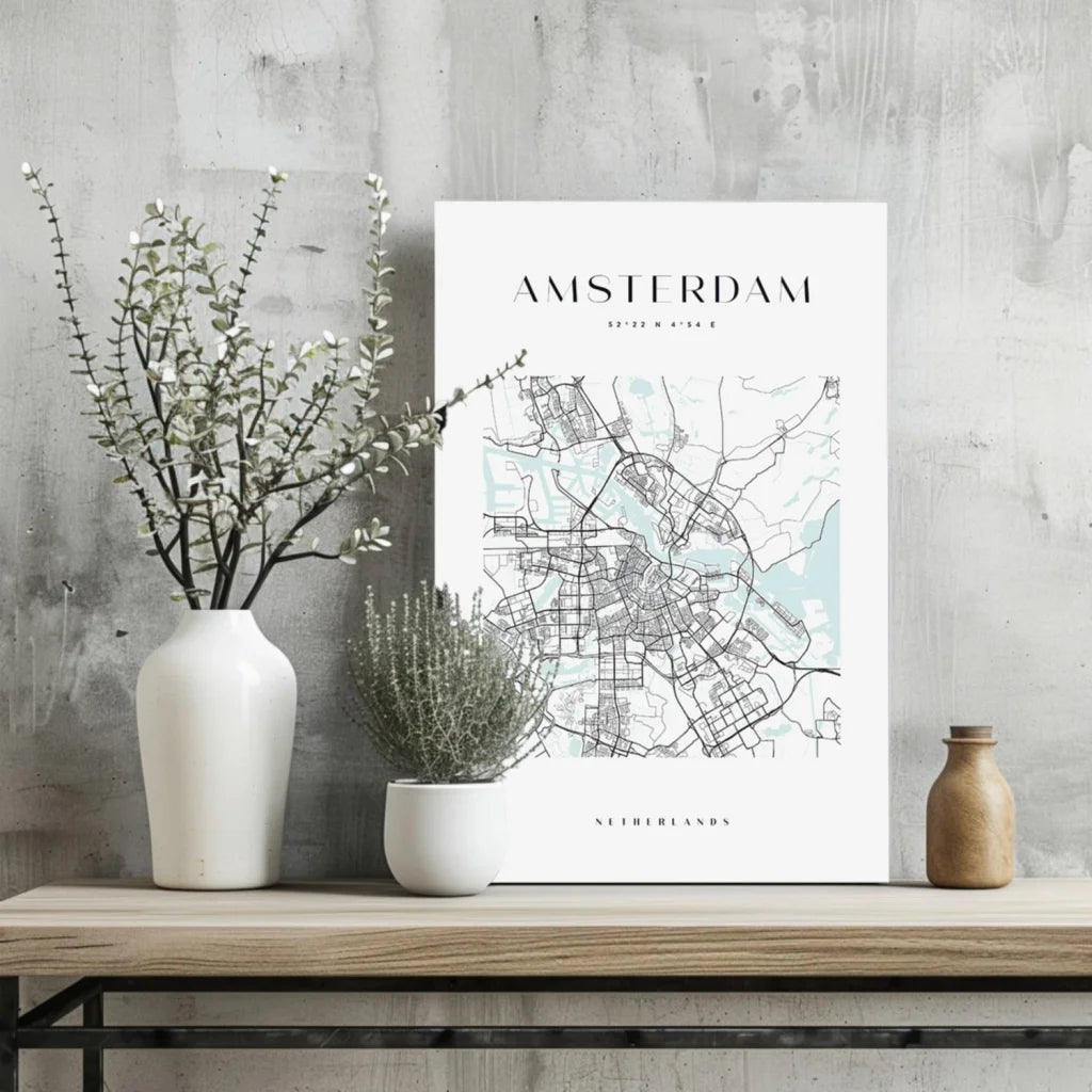 Minimalist Amsterdam map insigne aluminum print in mint and teal
