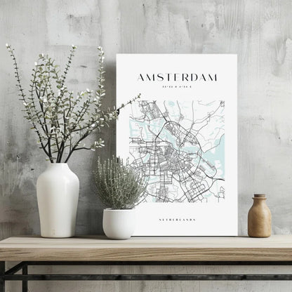 Minimalist Amsterdam map insigne aluminum print in mint and teal