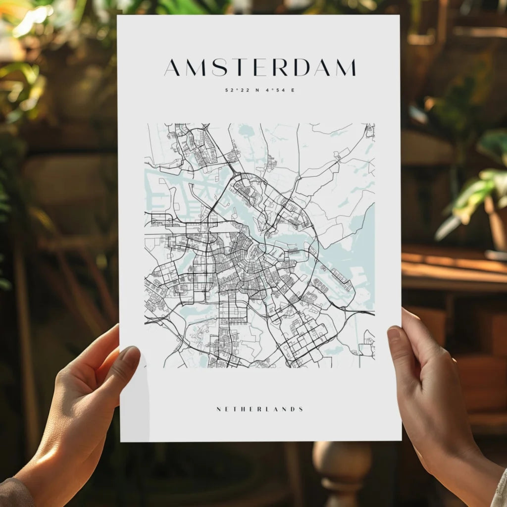Minimalist Amsterdam map insigne aluminum print in mint and teal