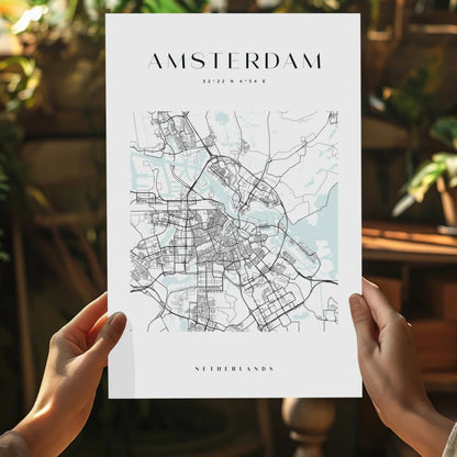 Minimalist Amsterdam map insigne aluminum print in mint and teal