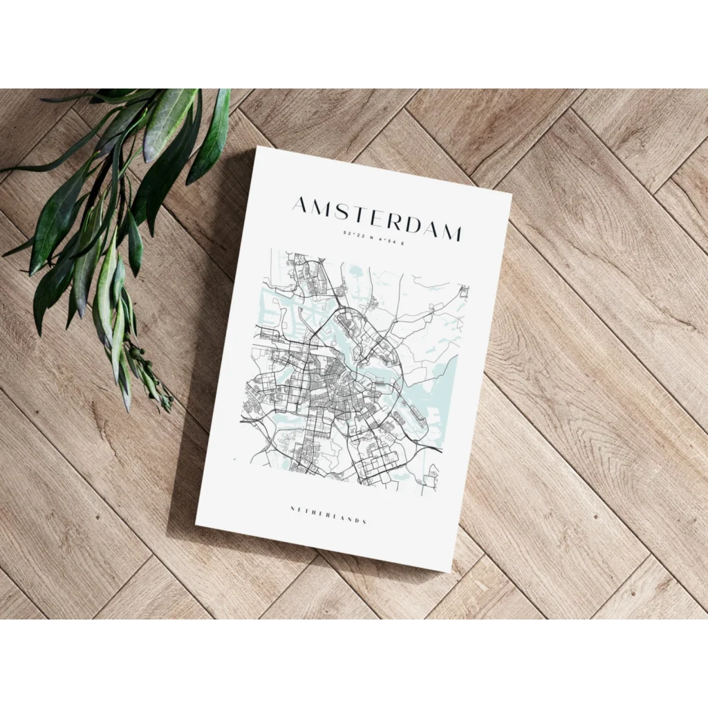 Minimalist Amsterdam map insigne aluminum print in mint and teal