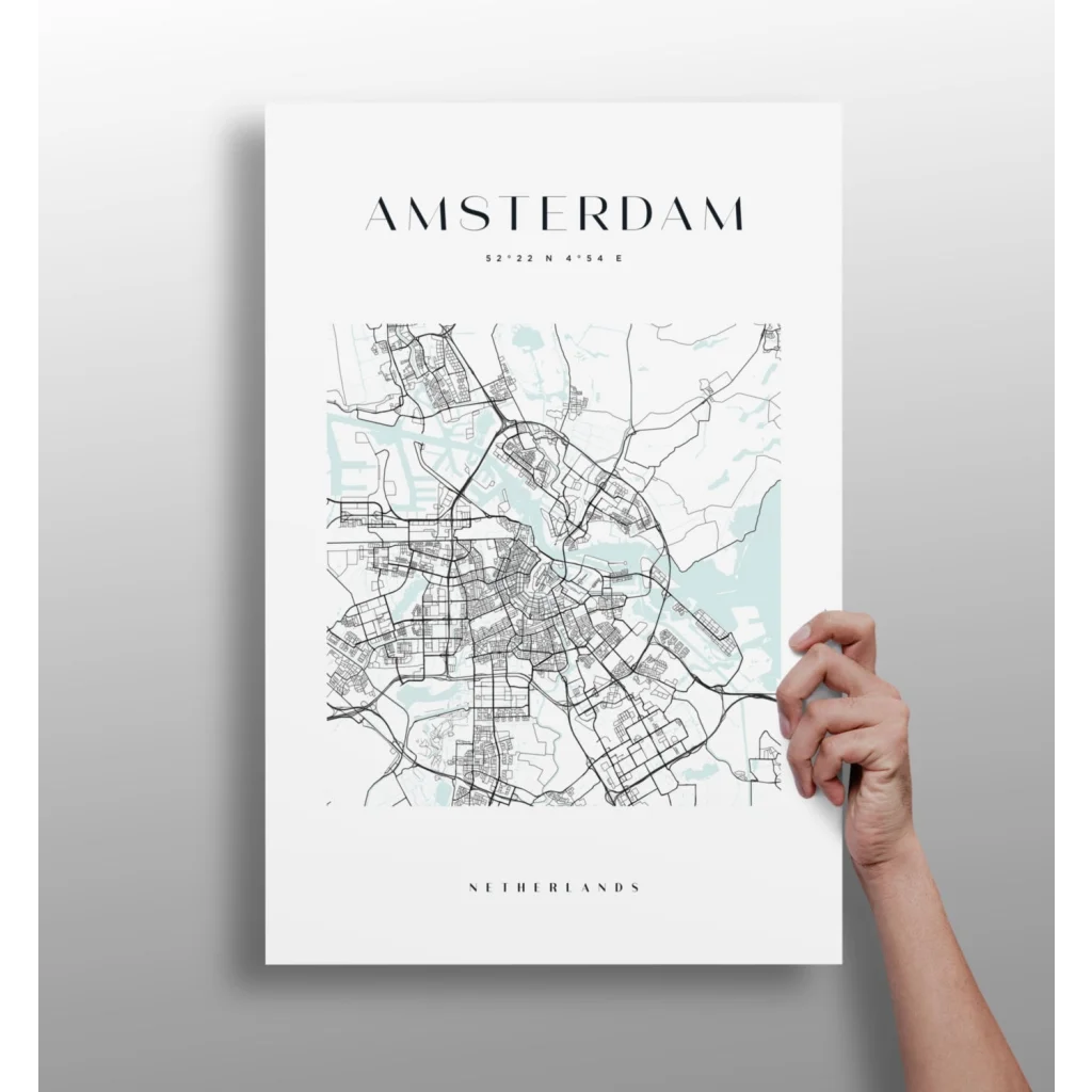 Minimalist Amsterdam map insigne aluminum print in mint teal