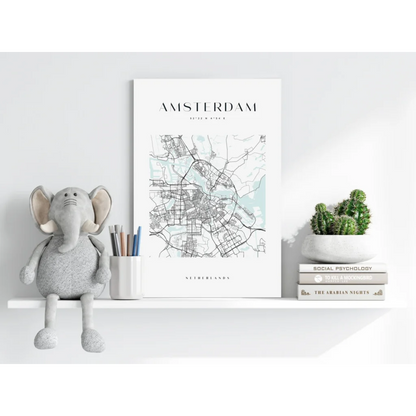 Minimalist Amsterdam map insigne aluminum print in teal and black
