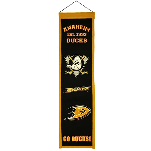 Anaheim Ducks heritage banner in black and gold with duck logo
