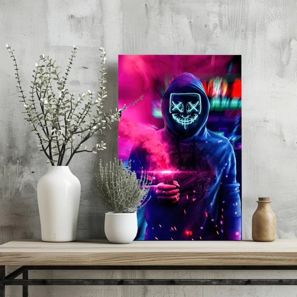 Neon Cyberpunk Hooded Figure Insigne Aluminum Print | Glass Wall Art Print | vintageantiquesgifts.com