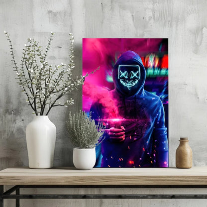Neon Cyberpunk Hooded Figure Insigne Aluminum Print | Glass Wall Art Print | vintageantiquesgifts.com