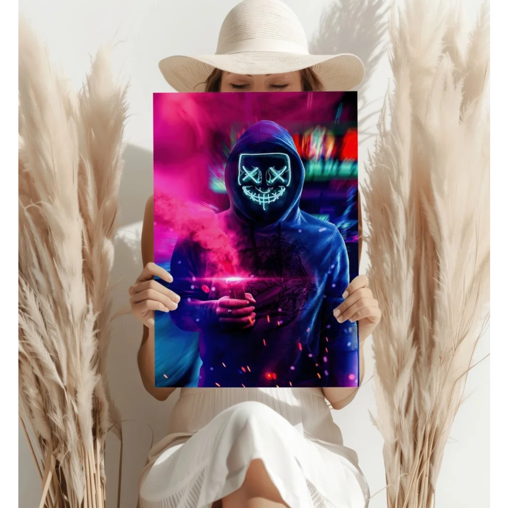 Neon Cyberpunk Hooded Figure Insigne Aluminum Print | Contemporary Home Wall Art | vintageantiquesgifts.com
