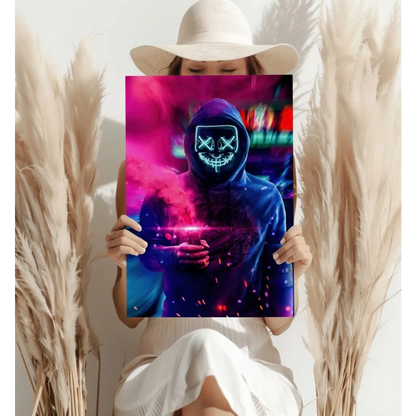Neon Cyberpunk Hooded Figure Insigne Aluminum Print | Contemporary Home Wall Art | vintageantiquesgifts.com