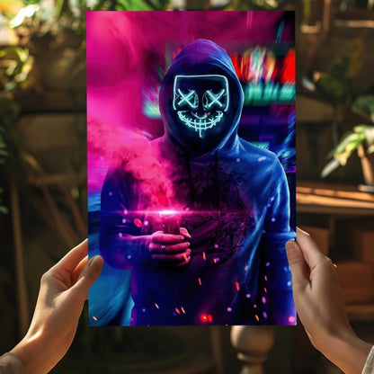 Vibrant neon cyberpunk hooded figure on insigne aluminum print