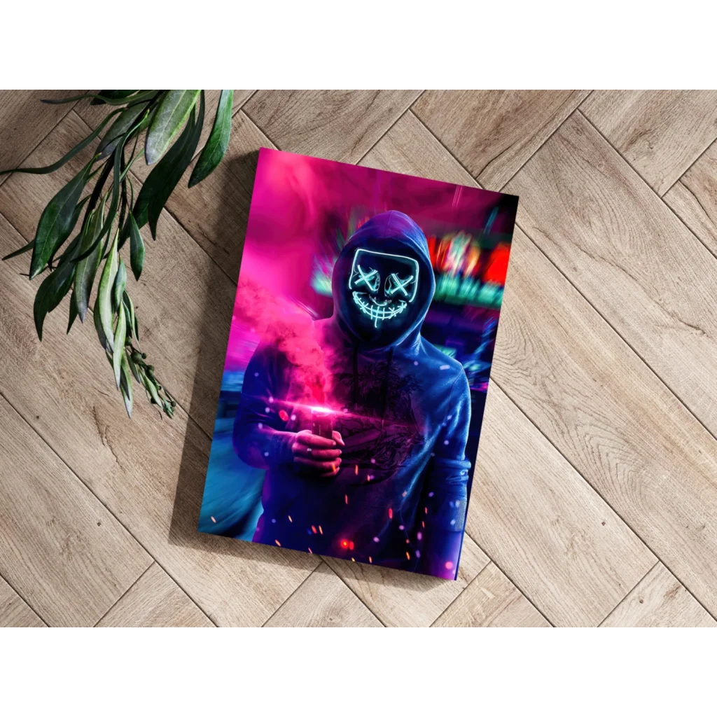 Neon Cyberpunk Hooded Figure Insigne Aluminum Print | Modern Wall Art Decor | vintageantiquesgifts.com