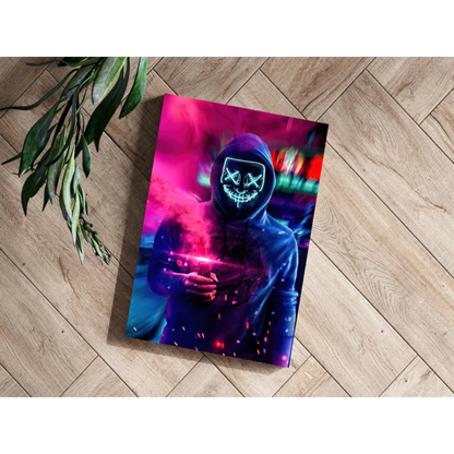 Neon Cyberpunk Hooded Figure Insigne Aluminum Print | Modern Wall Art Decor | vintageantiquesgifts.com