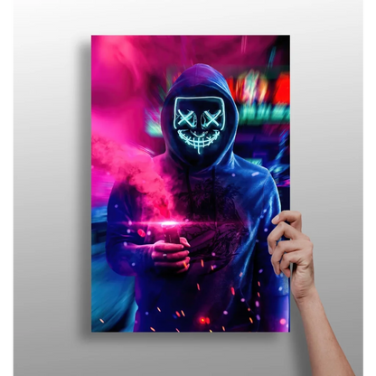 Neon Cyberpunk Hooded Figure Insigne Aluminum Print | Insigneart USA | vintageantiquesgifts.com