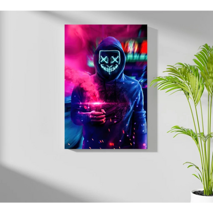 Vibrant neon cyberpunk hooded figure on insigne aluminum print