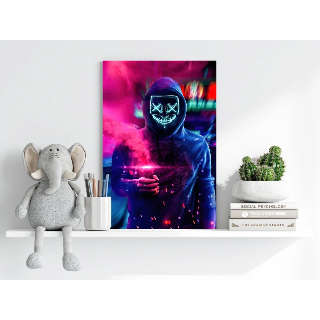 Vibrant neon cyberpunk hooded figure on insigne aluminum print
