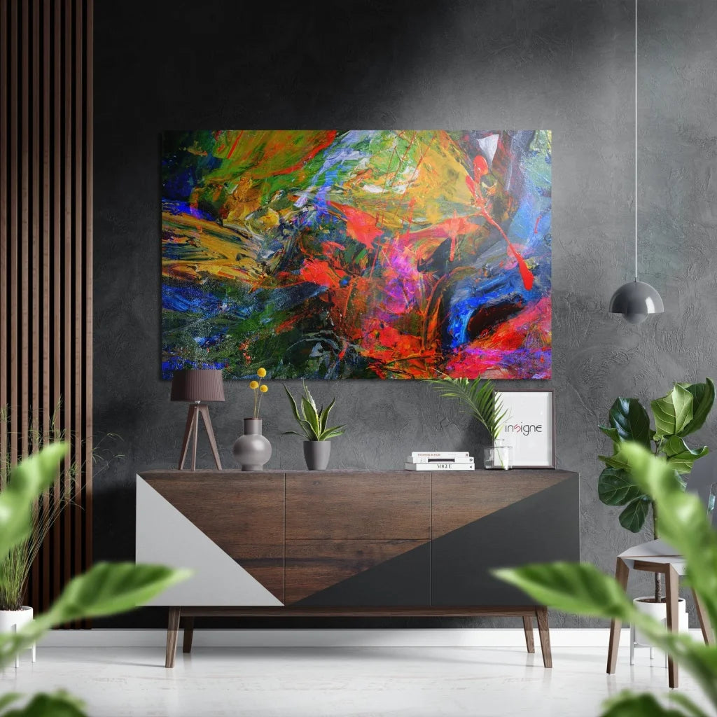 Vibrant abstract canvas painting on brushed aluminium dibond print