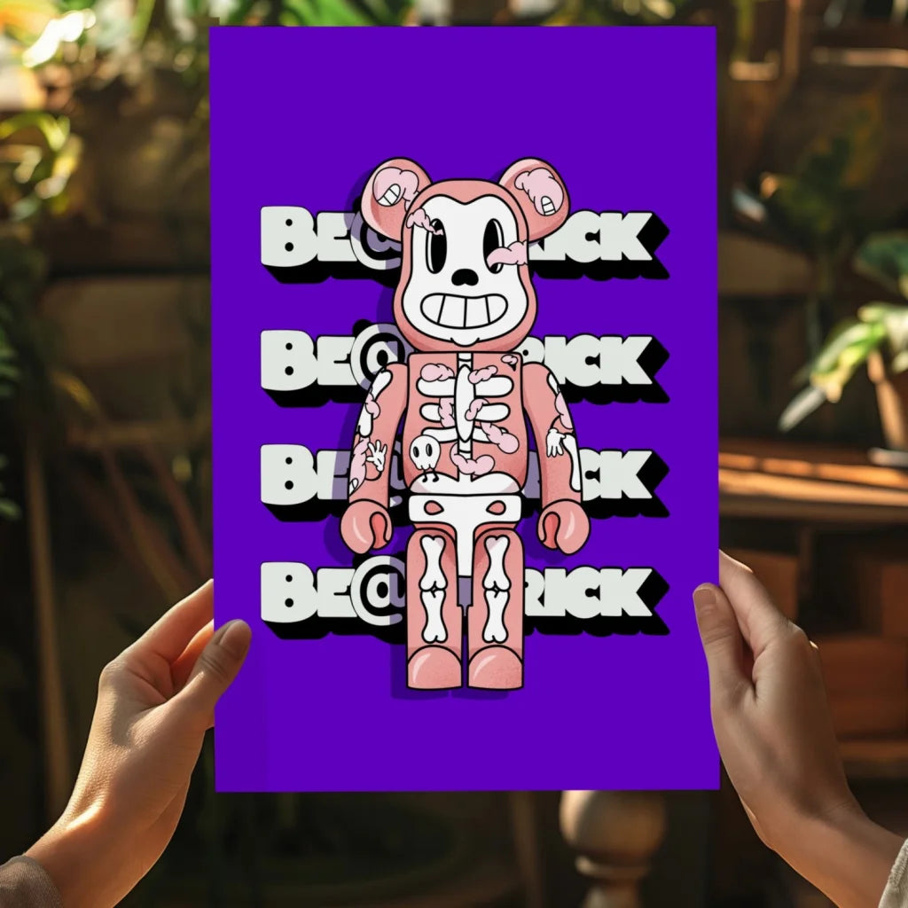 Vibrant purple insigne aluminum print of pink cartoon skeleton bear