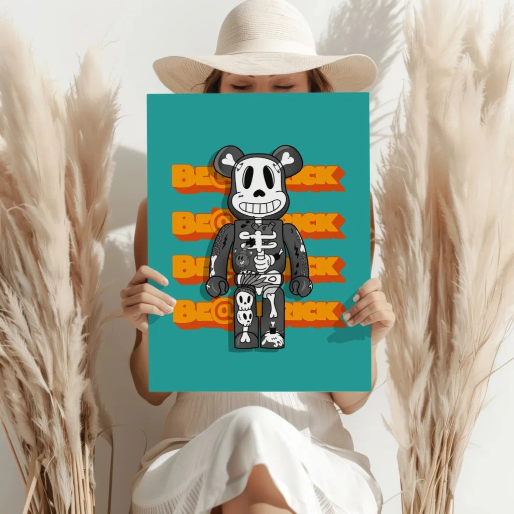 Teal skeleton Bearbrick insigne aluminum print with orange text