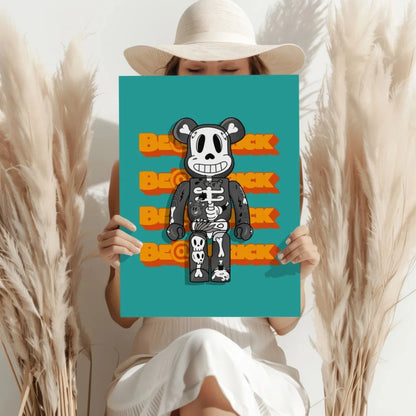 Teal skeleton Bearbrick insigne aluminum print with orange text