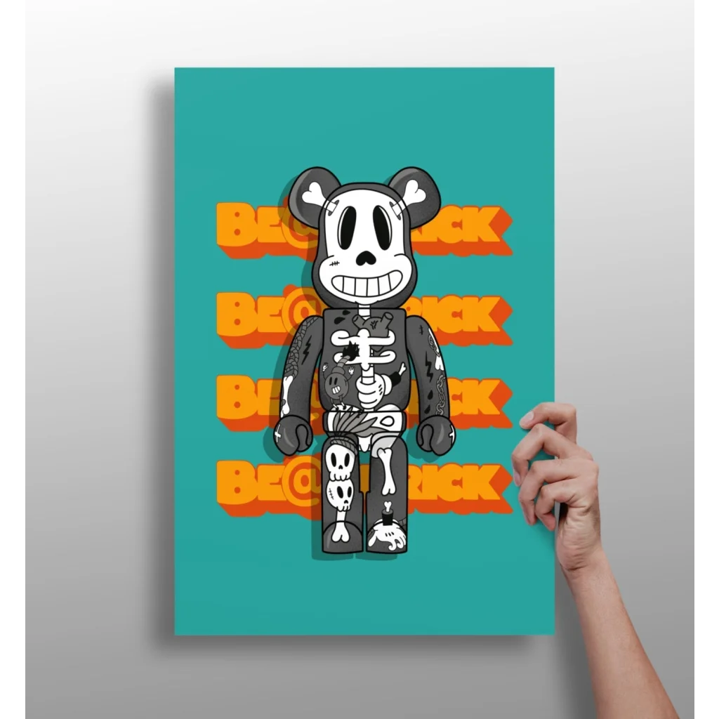 Skeleton Bearbrick insigne aluminum print on teal canvas