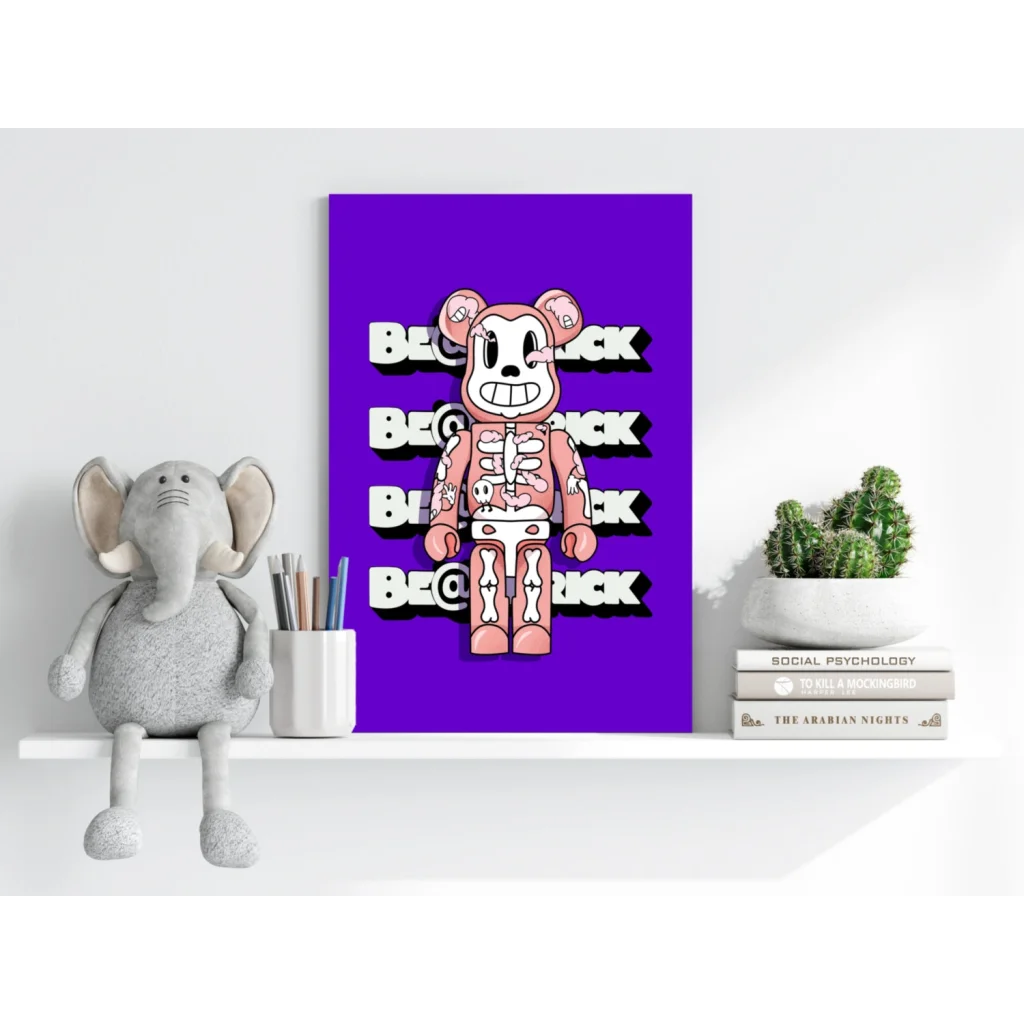 Pink cartoon bear on insigne aluminum print with vivid colors