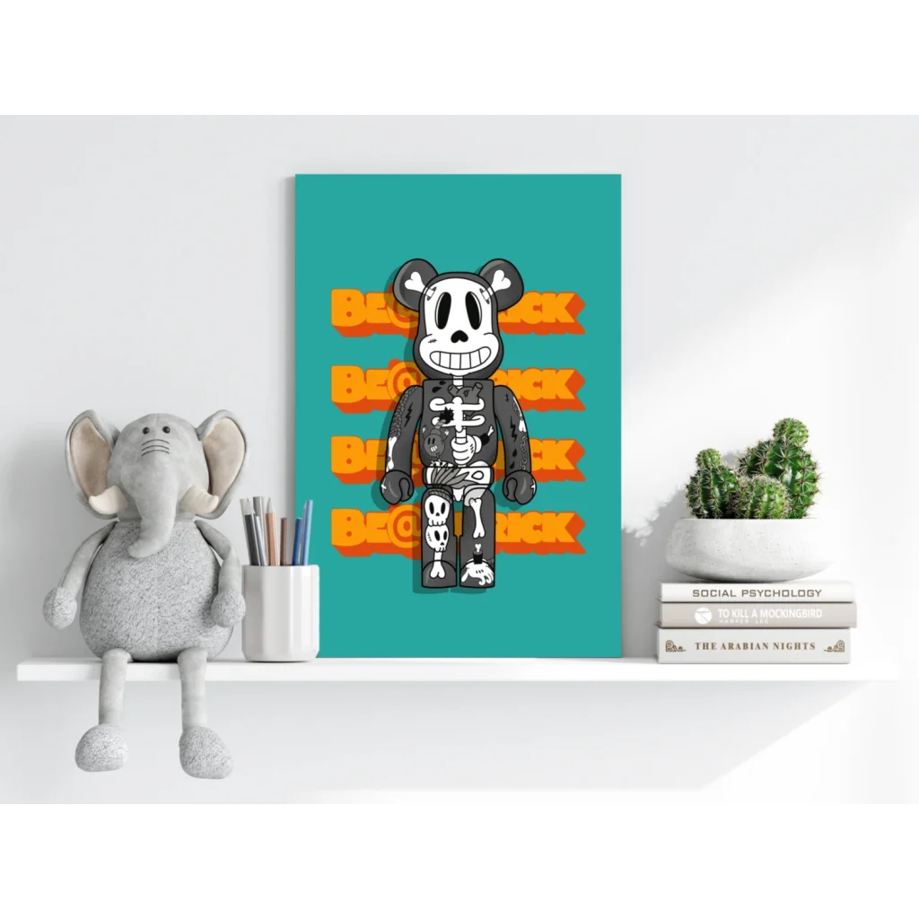 Teal canvas insigne aluminum print of black and white Bearbrick figure