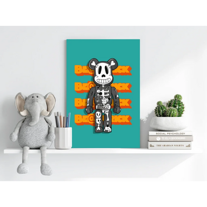 Teal canvas insigne aluminum print of black and white Bearbrick figure