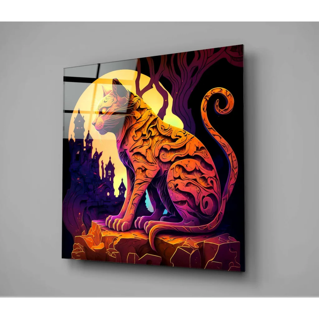 Glowing neon cat glass wall art with purple moon design