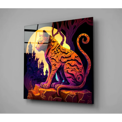 Glowing neon cat glass wall art with purple moon design