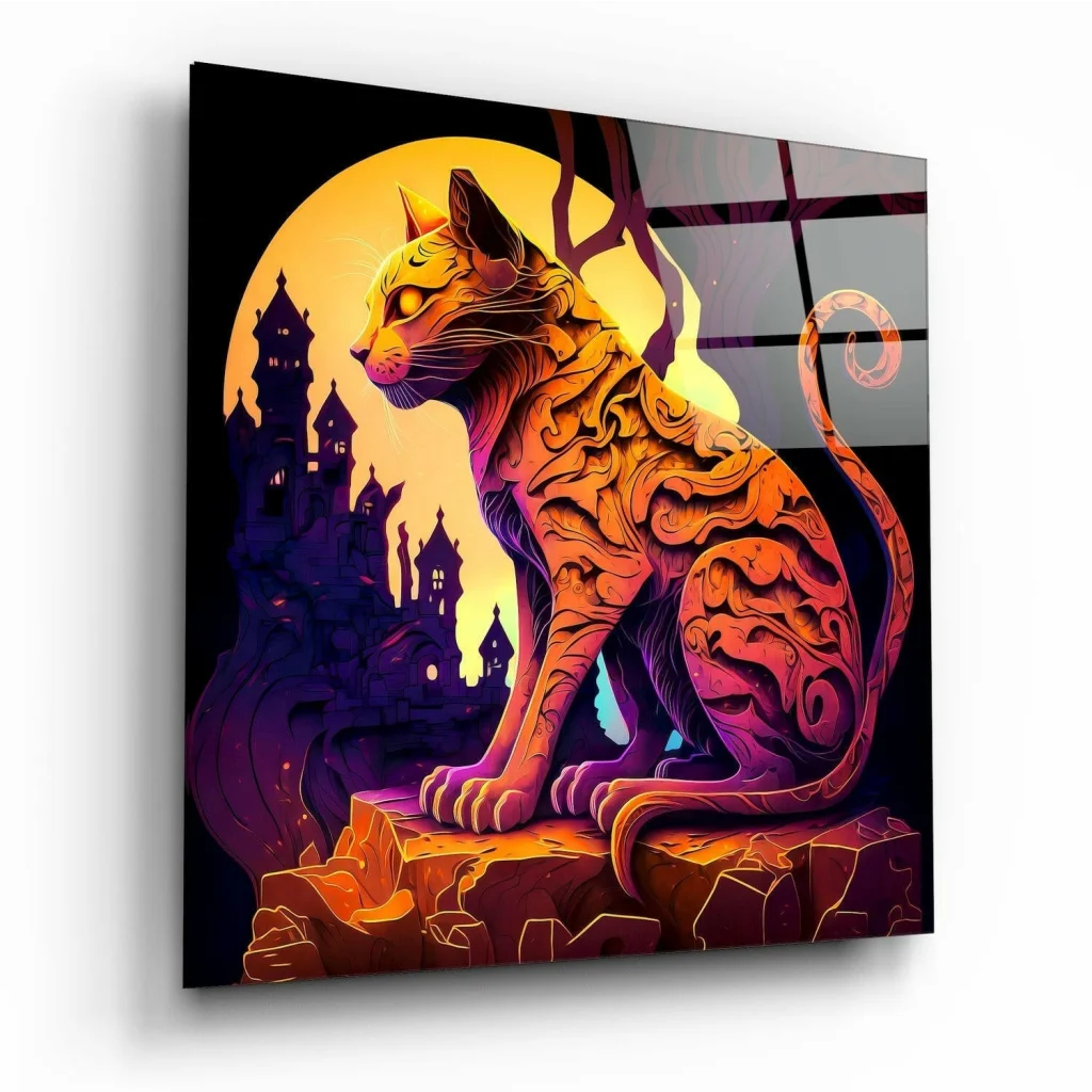 Vibrant neon cat glass wall art with glowing orange purple hues and moon castle design