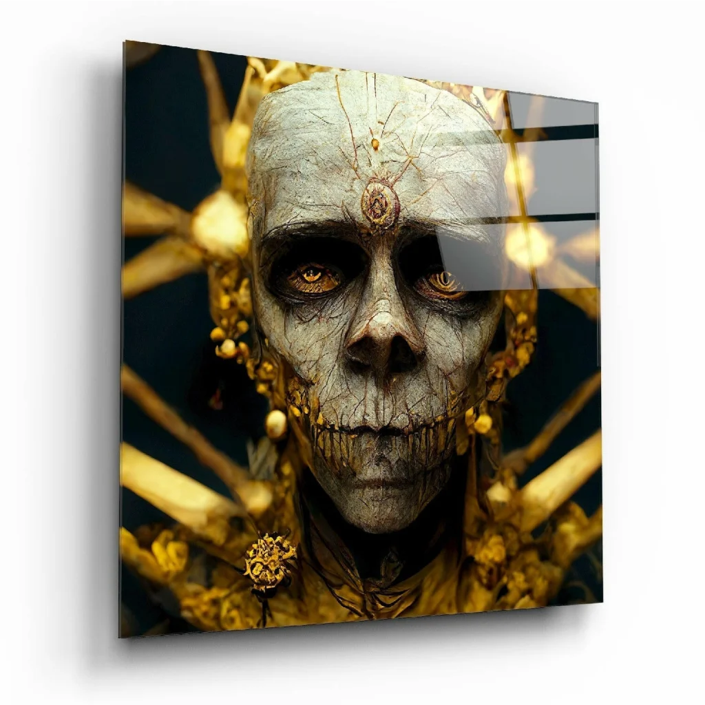 Golden skull glass wall art with radiant embellishments and ornate details